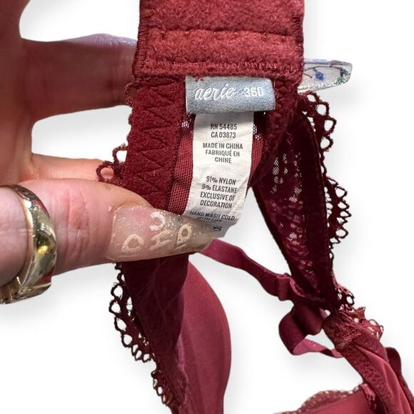 AERIE Women's Maroon Lace Overlay Wireless Racerback Push Up Bra Size 36D - Picture 3 of 3